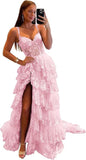 Sparkly Tiered Lace Tulle Prom Dresses Long 2025 Spaghetti Straps Formal Corset Evening Gown with Slit