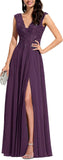Chiffon Appliques Bridesmaid Dress Long V Neck Beaded Wedding Guest Gown with Split