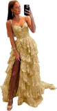 Sparkly Tiered Lace Tulle Prom Dresses Long 2025 Spaghetti Straps Formal Corset Evening Gown with Slit