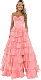Strapless Corset Prom Dresses for Women 2025 Long Tiered Ruffle Chiffon Formal Evening Gown with Slit