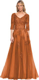 Women's V-Neck 3/4 Sleeve Mother of The Bride Dress A-line Tulle Lace Appliques Long Formal Party Dress QA117