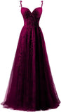 Lace Applique Tulle Prom Dresses for Women 2025 Spaghetti Straps Ball Gown Formal Evening Party Gown with Slit
