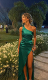 One Shoulder Green Prom Evening Dress With High Split Y4311