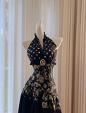 Elegant Black Halter Satin Print Floral Sequins Evening Dress Long ALine Prom Dress Y8568