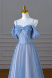 Blue Spaghetti Strap Tulle Long Prom Dress Beautiful A-Line Evening Dress Y4592
