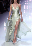 Fashion Green Satin Tulle Ruffle Prom Evening Dress Slit Party Dress Y8255