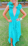 A-line V Neck Ruffles Long Prom Dress Simple Evening Dresses Y4626