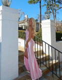Pink Satin Appliques Mermaid Prom Dress Long Slit Evening Gown Y8263