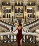 Sexy V Neck Burgundy Prom Dress With Split Sexy Evening Gown Y6361