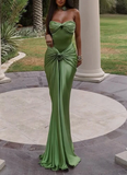 Unique Green Strapless Pleated Mermaid Evening Dress Long Prom Dress Y8430