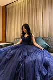 Shiny V Neck Navy Blue Tulle Long Prom Dress Navy Blue Formal Evening Dresses Long Y4895