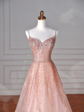 Glitter Pink Tulle Sequins Beaded Prom Dress Spaghetti Straps A Line Evening Dress Y8619
