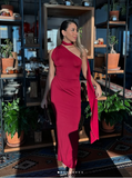 Sexy Sheath Long Prom Dress Burgundy One Shoulder Evening Gown Y8214