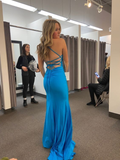 Sexy Blue Mermaid Prom Dress With Slit Lace-up Back Evening Dress Y7305