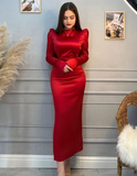 Modest Red Long Sleeves Evening Dress Simple Red Prom Dress Y6564
