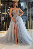 V-Neck Tulle Prom Dress Sleeveless Slit With Beads
