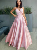 A-line Pink Spaghetti-Straps V-neck Long Prom Dress