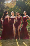 Women's Velvet Slit Mermaid Prom Dress Long Off Shoulder Bridesmaid Dress Strapless Party Gown