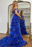Sparkly Tiered Lace Tulle Prom Dresses Long 2025 Spaghetti Straps Formal Corset Evening Gown with Slit