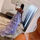 Sparkly Tiered Lace Tulle Prom Dresses Long 2025 Spaghetti Straps Formal Corset Evening Gown with Slit