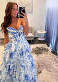 Strapless Corset Prom Dresses for Women 2025 Long Tiered Ruffle Chiffon Formal Evening Gown with Slit