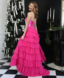 Strapless Corset Prom Dresses for Women 2025 Long Tiered Ruffle Chiffon Formal Evening Gown with Slit
