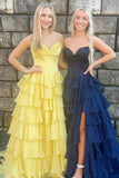 Strapless Corset Prom Dresses for Women 2025 Long Tiered Ruffle Chiffon Formal Evening Gown with Slit