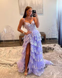 Sparkly Tiered Lace Tulle Prom Dresses Long 2025 Spaghetti Straps Formal Corset Evening Gown with Slit