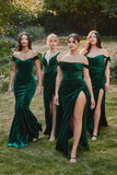 Women's Velvet Slit Mermaid Prom Dress Long Off Shoulder Bridesmaid Dress Strapless Party Gown