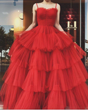 A-line Spaghetti Straps Red Tulle Tiered Prom Dress Red Evening Gown Y4644