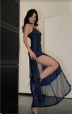 Charming Sequins Slit Navy Blue Prom Dress Sexy Evening Dress Y7671