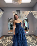 Sparkly Tulle Sequins Evening Dress Navy Blue A Line Prom Dress Y8146