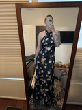 Pretty Halter Navy Blue Satin Print Long Prom Dress Evening Dress Y8453