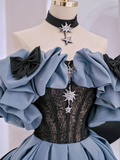 Blue Satin Lace Long Prom Dress Off Shoulder Evening Dress Y5621