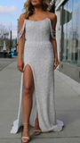 Glitter Pearl Sequins Mermaid Prom Dresses Off The Shoulder Evening Dress With Split Y8023