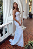 Sparkly Spaghetti Straps Mermaid White Sequin Prom Evening Dress Y8071