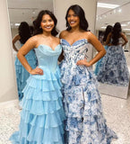 Strapless Corset Prom Dresses for Women 2025 Long Tiered Ruffle Chiffon Formal Evening Gown with Slit