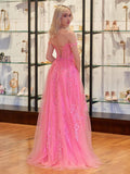 Lace Applique Tulle Prom Dresses for Women 2025 Spaghetti Straps Ball Gown Formal Evening Party Gown with Slit