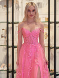Lace Applique Tulle Prom Dresses for Women 2025 Spaghetti Straps Ball Gown Formal Evening Party Gown with Slit