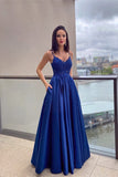 Regal Blue Spaghetti Straps Lace Applique Prom Dress with Elegant Pockets