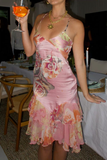 Pretty Pink Satin Print Floral Midi Prom Dress Sexy Evening Dress Y8418