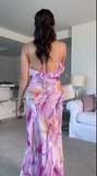 Beautiful Ruffle Graphic Floral Print Low Backless Long Prom Dress Slit Party Evening Dress Y8099