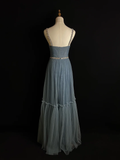 Simple Blue Tulle Beaded A Line Evening Dress Spaghetti Straps V Neck Prom Dress Y8649