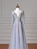 Classy Blue V Neck Sequins Beaded Tulle Prom Dress A Line Backless Evening Dress Y8644