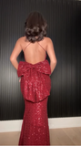 Elegant Burgundy Sequins Mermaid Evening Dress Backless Long Prom Dress With Bow Y8510