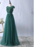 Green tulle lace top round neck long evening dresses simple formal dress S6796