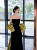 Pretty Black Strapless Satin Long Prom Dress Evening Dress With Bow Y8594