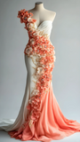 Classy Peony Flower Appliques Chiffon Prom Dress Long Mermaid Evening Dress Y8566