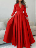 Gown Elegant Formal Length Sleeve V Neck with Pleats Evening Dress