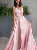 A-line Pink Spaghetti-Straps V-neck Long Prom Dress